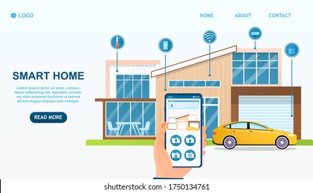 Modern Smart Home Concept Futuristic house with wireless technology with centralized control. Smartphone controls system. Buildings technological systems. Perfect for web, banner or advertising Vector