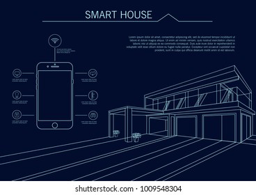 Modern Smart Home. Flat design style concept of smart house technology system with centralized control. Vector illustration. Lines illustration.