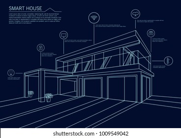 Modern Smart Home. Flat design style concept of smart house technology system with centralized control. Vector illustration. Lines illustration.