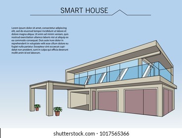 Modern Smart Home. Flat design style concept of smart house technology system with centralized control. Vector illustration. Lines color illustration.