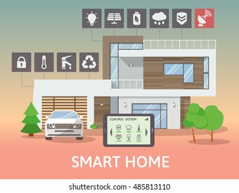 Modern Smart Home. Flat design style concept of smart house technology system with centralized control. Vector illustration