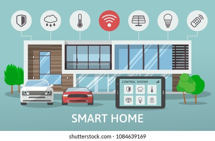 Modern Smart Home with garage and car. Flat design style concept, technology system with centralized control. Vector illustration.