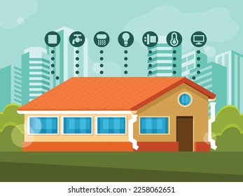 Modern smart home infographics. House exterior. Cottage on the city background. Vector illustration