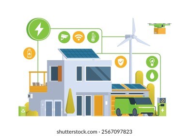 Modern Smart Home with Renewable Energy. Solar Panels, Wind Turbines, and Electric Vehicle. Green Concept. Editable Vector Illustration