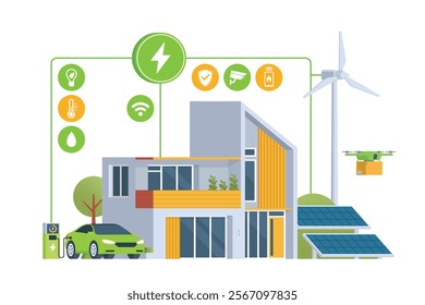 Modern Smart Home with Renewable Energy. Solar Panels, Wind Turbines, and Electric Vehicle. Green Concept. Editable Vector Illustration