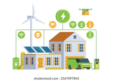 Modern Smart Home with Renewable Energy. Solar Panels, Wind Turbines, and Electric Vehicle. Green Concept. Editable Vector Illustration