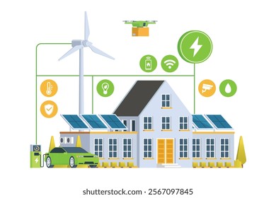 Modern Smart Home with Renewable Energy. Solar Panels, Wind Turbines, and Electric Vehicle. Green Concept. Editable Vector Illustration