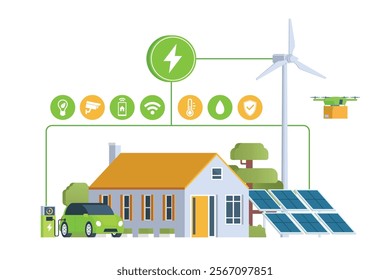 Modern Smart Home with Renewable Energy. Solar Panels, Wind Turbines, and Electric Vehicle. Green Concept. Editable Vector Illustration