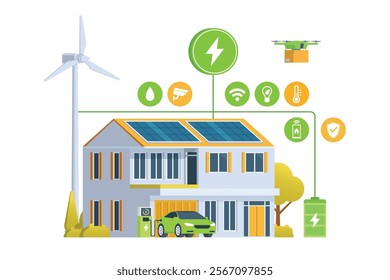 Modern Smart Home with Renewable Energy. Solar Panels, Wind Turbines, and Electric Vehicle. Green Concept. Editable Vector Illustration