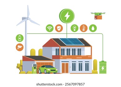 Modern Smart Home with Renewable Energy. Solar Panels, Wind Turbines, and Electric Vehicle. Green Concept. Editable Vector Illustration