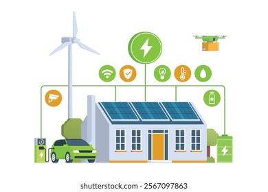 Modern Smart Home with Renewable Energy. Solar Panels, Wind Turbines, and Electric Vehicle. Green Concept. Editable Vector Illustration