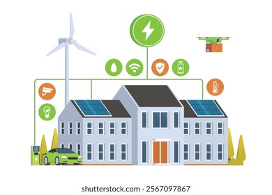 Modern Smart Home with Renewable Energy. Solar Panels, Wind Turbines, and Electric Vehicle. Green Concept. Editable Vector Illustration