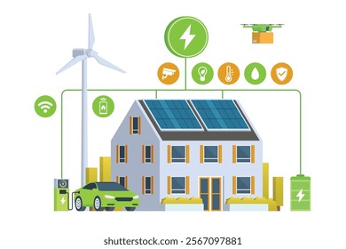 Modern Smart Home with Renewable Energy. Solar Panels, Wind Turbines, and Electric Vehicle. Green Concept. Editable Vector Illustration