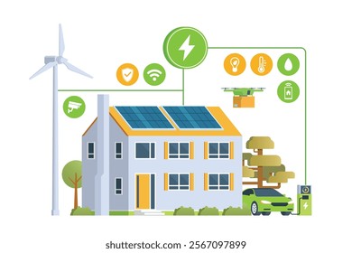Modern Smart Home with Renewable Energy. Solar Panels, Wind Turbines, and Electric Vehicle. Green Concept. Editable Vector Illustration
