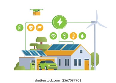 Modern Smart Home with Renewable Energy. Solar Panels, Wind Turbines, and Electric Vehicle. Green Concept. Editable Vector Illustration