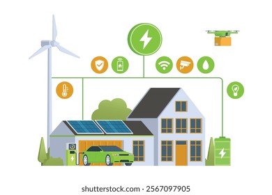Modern Smart Home with Renewable Energy. Solar Panels, Wind Turbines, and Electric Vehicle. Green Concept. Editable Vector Illustration