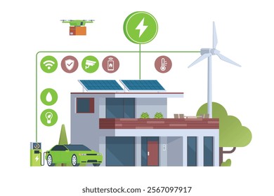 Modern Smart Home with Renewable Energy. Solar Panels, Wind Turbines, and Electric Vehicle. Green Concept. Editable Vector Illustration