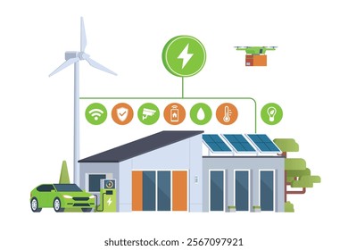 Modern Smart Home with Renewable Energy. Solar Panels, Wind Turbines, and Electric Vehicle. Green Concept. Editable Vector Illustration