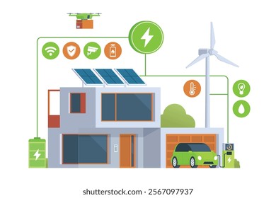 Modern Smart Home with Renewable Energy. Solar Panels, Wind Turbines, and Electric Vehicle. Green Concept. Editable Vector Illustration