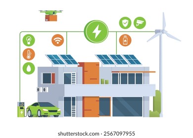 Modern Smart Home with Renewable Energy. Solar Panels, Wind Turbines, and Electric Vehicle. Green Concept. Editable Vector Illustration