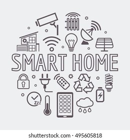 Modern Smart Home round illustration, vector round symbol made with icons and word SMART HOME in thin line style