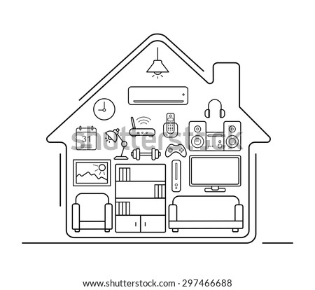 Modern smart home thin line art icons . Home interior with electronics and furniture illustration. Living room outline concept. Vector pictogram set isolated on white