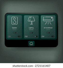 Tablero de control de interfaz de usuario de hogar inteligente moderno que muestra Configuraciones de control digital de la habitación para altavoces, iluminación y dispositivos de aire acondicionado
