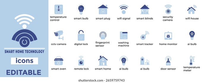 Iconos modernos de vectores domésticos inteligentes para dispositivos de automatización, seguridad e IoT con un diseño limpio y editable.