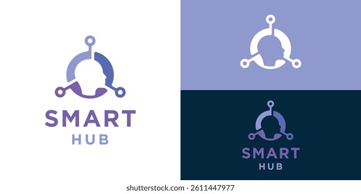 Modern smart hub logo template. Human head digital logo design vector illustration.