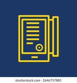 Um moderno ícone de linha de intercomunicação inteligente que representa sistemas avançados de segurança doméstica. Arte de linha amarela limpa e minimalista em um fundo azul escuro. Adequado para web, app UI, brochuras casa inteligente e tec