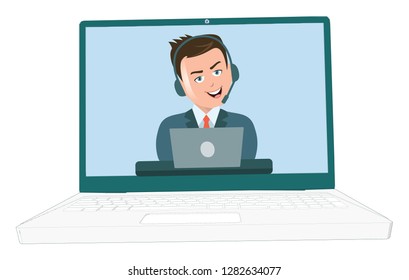 modern smart News reader man reading news broadcasting giving speech with headphone viewing on a laptop front facing
