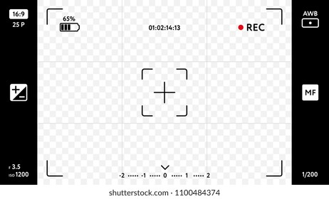 Modern smart phone camera focusing screen on transparent background. Blank camera viewfinder grid with exposure, zoom zone and shooting settings. Realistic template for your design vector illustration