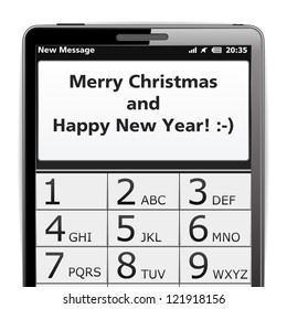 Modern smart phone with Merry Christmas SMS on the screen, vector eps10 illustration
