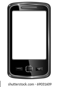 Modern smart phone for mobile communication with white screen, original design.