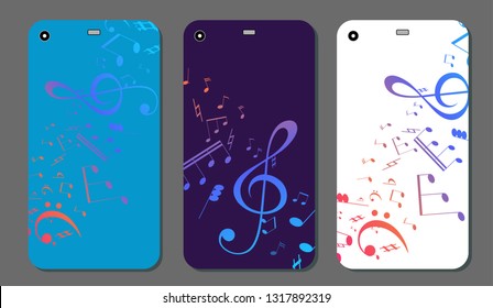 Modern smart phone on musical background. Phone cover template set with music key and notes.