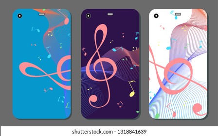 Modern smart phone on musical background. Phone cover template set with music key and notes.