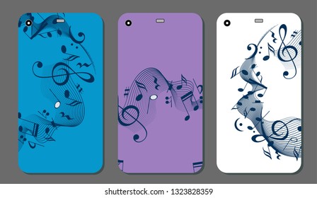 Modern smart phone on musical background. Phone cover template set with music key and notes.