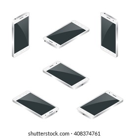 Modern smart phone in six position. White screen for mockup, isolated. Flat 3d Mobile phone isometric vector illustration. For infographics and design. 
