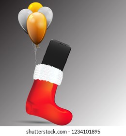 modern smart phone in a valenka Santa on balloons