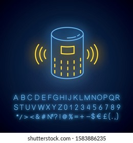 Modern smart speaker neon light icon. Voice command device idea. Virtual assistant. Wireless digital gadget. Glowing sign with alphabet, numbers and symbols. Vector isolated illustration