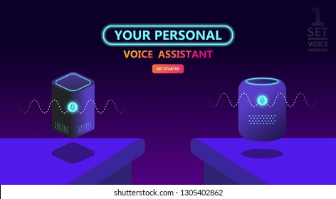 Modern smart speaker, voice command device with integrated virtual assistant. Flat vector neon website template and landing page design. Use for, landing page, template, ui, web, app - vector