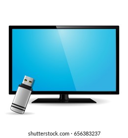 Modern smart TV with flash drive isolated on a white background. Vector illustration.