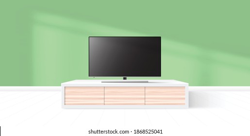 Modern Smart Tv Mockup on console, modern minimalist living room. vector illustration