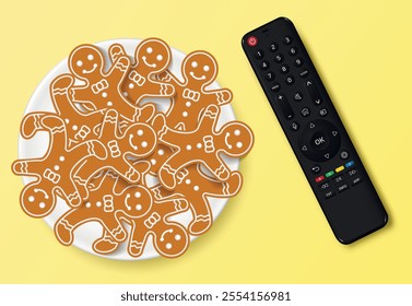 Modern smart TV remote control with Christmas gingerbread cookies
