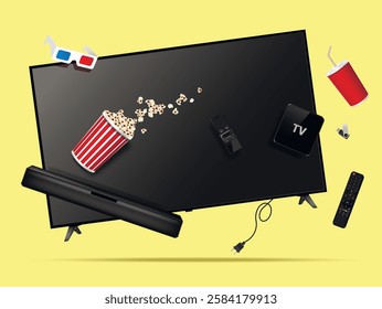 Modern smart tv, remote control, soundbar, tv box, popcorn, cola cup, 3d glasses and flash drive levitation in the air