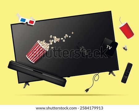 Modern smart tv, remote control, soundbar, tv box, popcorn, cola cup, 3d glasses and flash drive levitation in the air