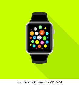 Modern smart watch with app icons, flat yellow design. Trendy smartwatch vector illustration.