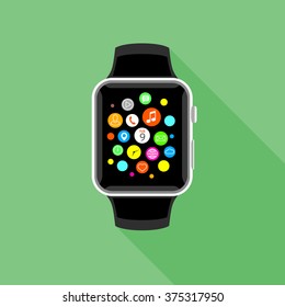 Modern smart watch with app icons, flat green design. Trendy smartwatch vector illustration.