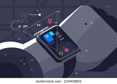 Modern smart watch on male hand. Device display with different functions and apps icons flat style concept vector illustration. Electronic intelligence wristwatch