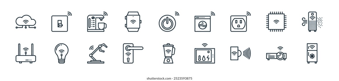 modern smarthome devices icon pack. perfect for linear ui designs featuring vector refrigerator, projector, sensor, temperature control, blender, door handle, robot arm and more icons for mobile and